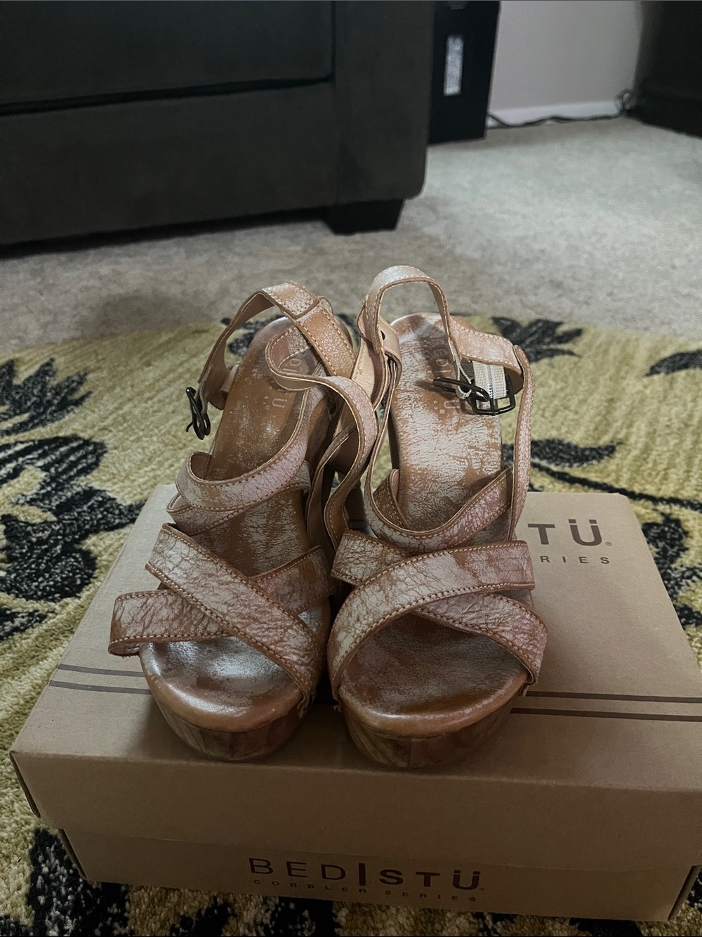 BED|STU Tan Strappy Leather Wedge Sandals - Picture 2 of 3